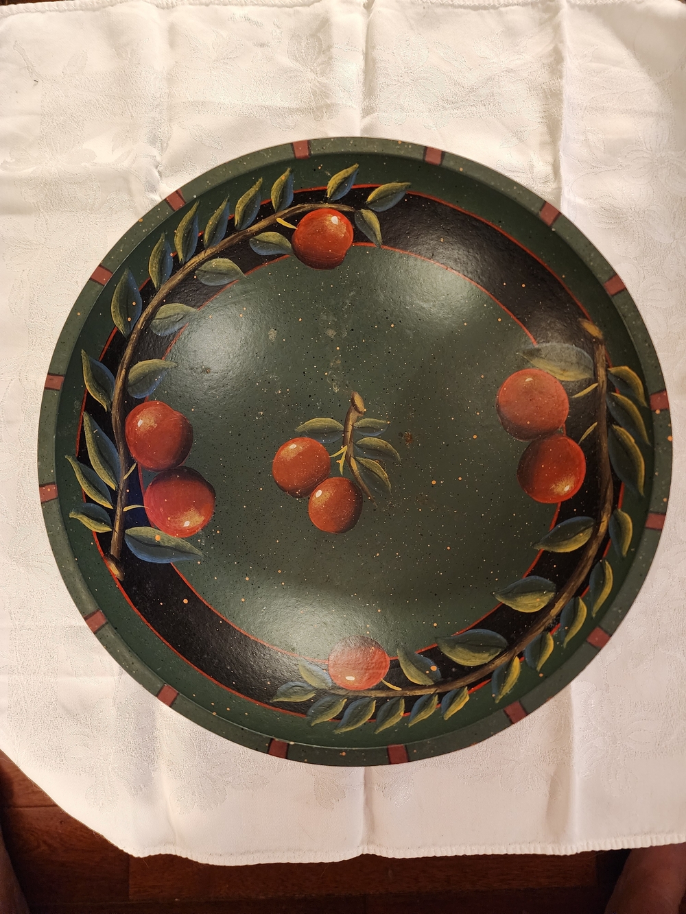 Hand-Painted Wood Fruit Motif Serving Bowl - Green and Red